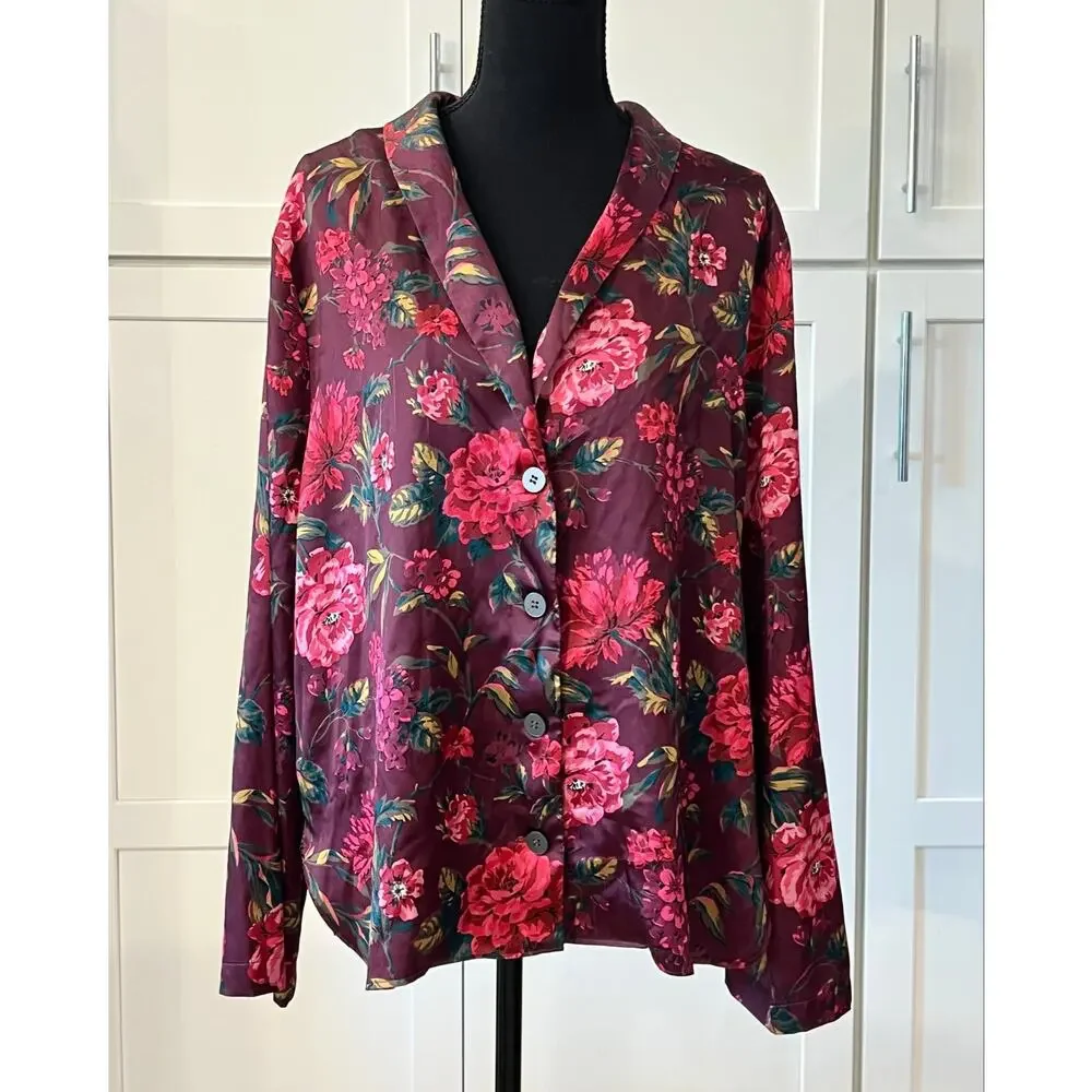 Victoria’s Secret Pajama Set Sz L/XL Slit Shorts Long Sleeve Top Burgundy Floral